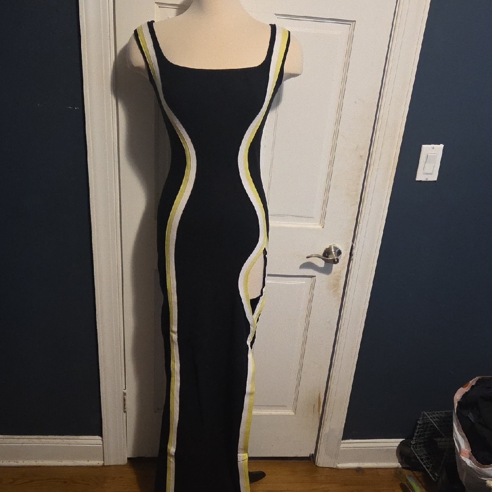 Hanifa Black Maxi Dress with White and Yellow Accents